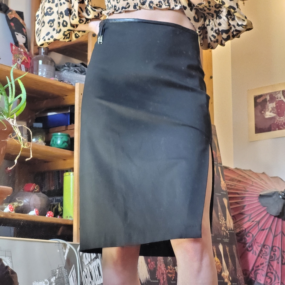 Sandro Vintage Black Pencil Orla Skirt Leather Accent Side Opening Polywool - 2